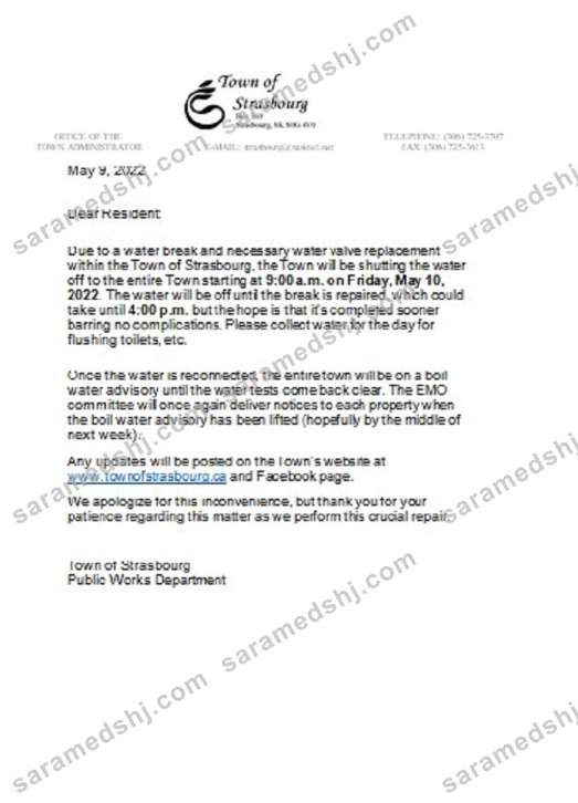 Canada Saskatchewan Town of Strasbourg water utility shut off notice